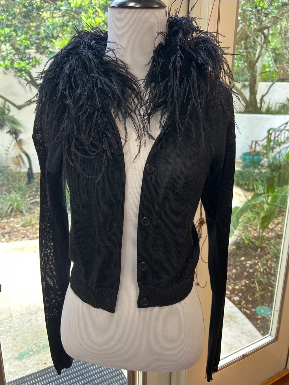 Sheri Bodell Black Feather-Trim Cardigan Jacket